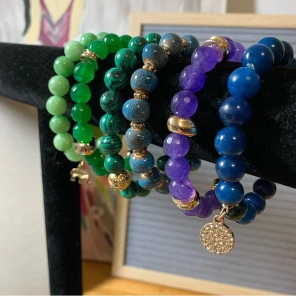 Crystal Bead Bracelet Set In Greens, Blues, & Purple - Picture 2 of 7